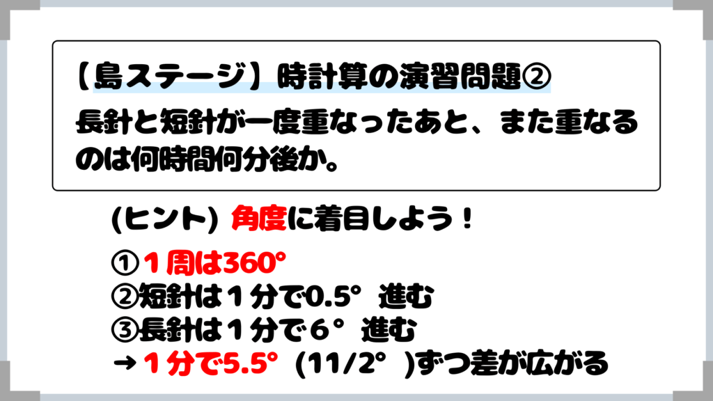 長針と短針が一度重なったあと、また重なるのは何時間何分後か。