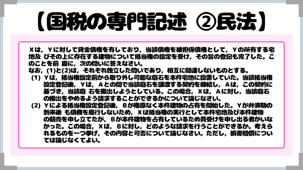 Xは,Yに対して貸金債権を有しており,当該債権を被担保債権として,Yの所有する宅地及 びその上に存在する建物について抵当権の設定を受け,その旨の登記も完了した。このことを前 提に,次の問いに答えなさい。 なお,(1)と(2)は,それぞれ独立した問いであり,相互に関連しないものとする。 (1) Yは,抵当権設定前から取り外し可能な庭石を本件宅地に設置していた。当該抵当権 設定登記後,Yは,Aとの間で当該庭石を譲渡する契約を締結し,Aは,この契約に 基づき,当該庭 石を搬出しようとしている。この場合,Xは,Aに対し,当該庭石 の搬出をやめるよう請求することができるかについて論じなさい。 (2) Yによる抵当権設定登記後,Bが権原なく本件建物の占有を開始した。Yが弁済期の 到来後 も債務を履行しないため,Xは抵当権の実行として本件宅地及び本件建物 の競売を申し立てたが,Bが本件建物を占有しているため買受けを申し出る者がいな かった。この場合,Xは,Bに対し,どのような請求を行うことができるか。考えら れるものを一つ挙げ,その内容と可否について論じなさい。ただし,損害賠償につい ては論じなくてよい。
