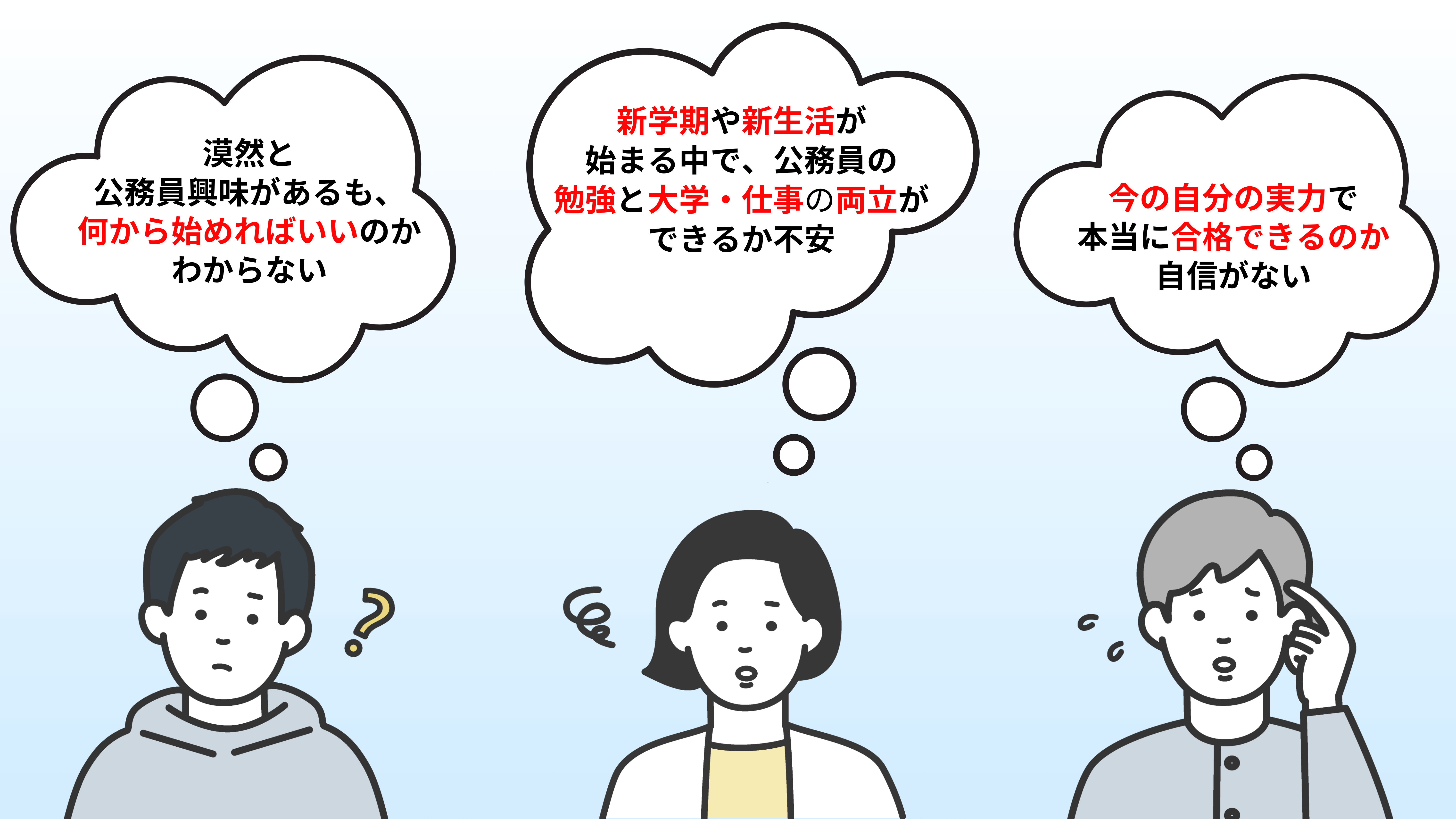漠然と公務員興味があるも、何から始めればいいのかわからない。 新学期や新生活が始まる中で、公務員の勉強と大学・仕事の両立ができるか不安。 今の自分の実力で本当に合格できるのか自信がない